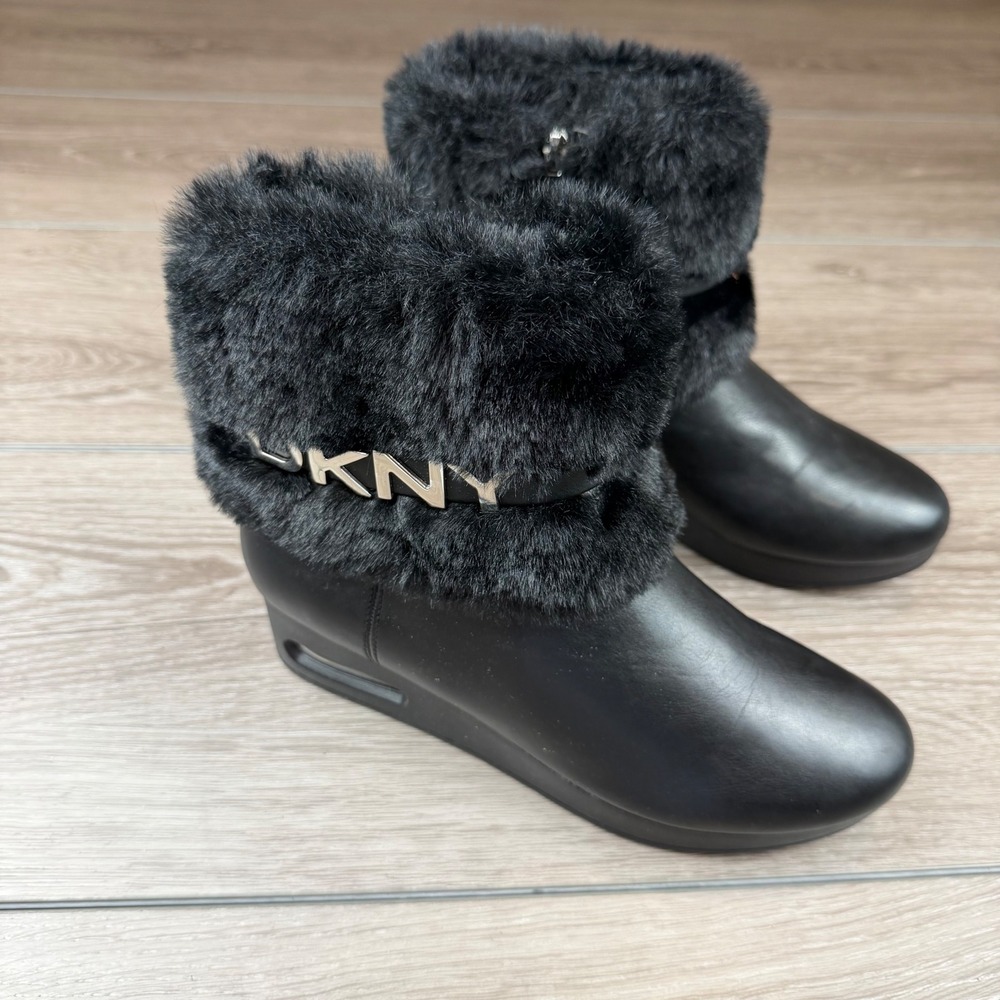 DKNY Womens Ankle Boots Faux Fur Trim Wedge Black US 7M